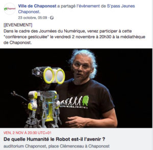 "De quelle Humanité le Robot est-il l'avenir ?" 2 nov 2018 - Chaponost (69) - Auditorium Médiathèque